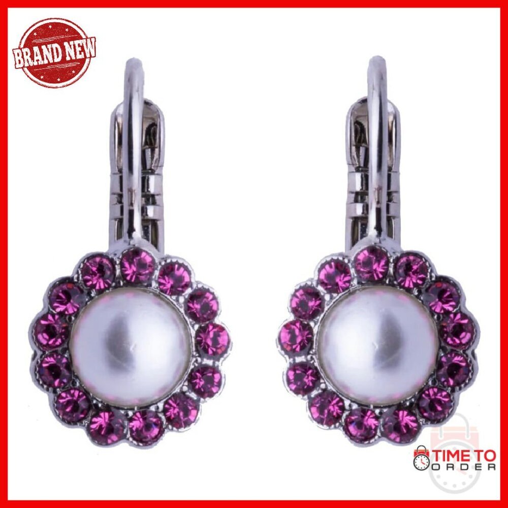 Rhodium Plated Lever Back Earrings with Simulated Pearl and Crystals